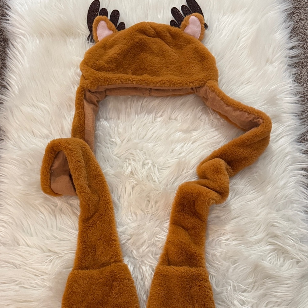 Cozy Brown Reindeer Kids Hat with Scarf or Handwarmers